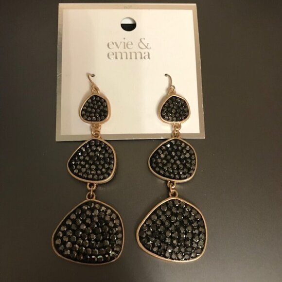 evie & emma Gold Graduated Hematite Stone Encrusted Triple Drop Earrings Black - Picture 2 of 6